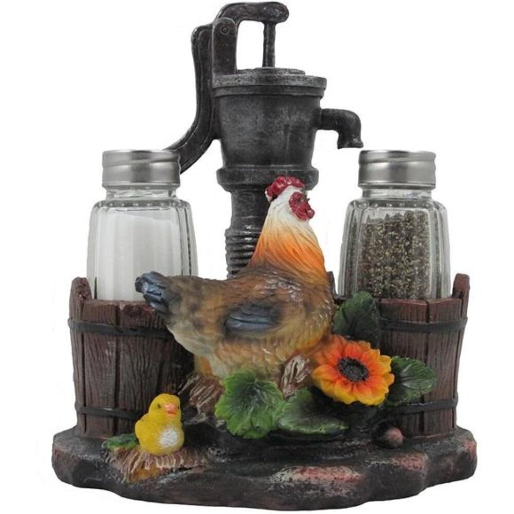 Farm Chicken and Old Fashioned Water Pump Glass Salt and Pepper Shaker Set with